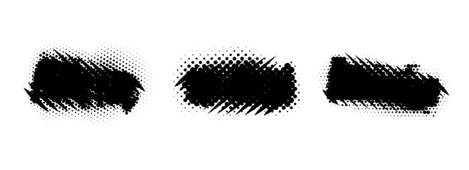Grunge dotted comic pop art banner set. Rough striped grainy dirty shape collection. Halftone spray paint frame pack. Vector distressed elements for text box, poster, badge, collage, border, flyer