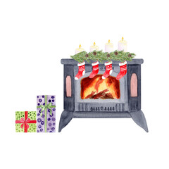 Stove with burning fire, with pine branches, candles, red stockings and wrapped gifts. Watercolor isolated on white ideal for Christmas cards, posters, invitations, scrapbooking. Festive fireplace
