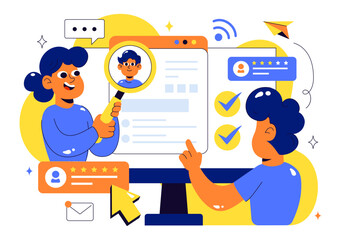 Obraz premium Online Job Fair Vector Illustration featuring We Are Hiring with Recruitment, Resume Selection Process, and Agency Interview in a Flat Background