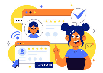 Online Job Fair Vector Illustration featuring We Are Hiring with Recruitment, Resume Selection Process, and Agency Interview in a Flat Background