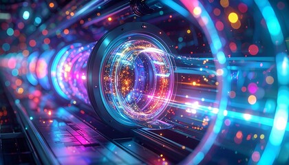 A macro ultra hyper realistic shot of a futuristic data server, with swirling, colored light streams flowing through clear tubes.