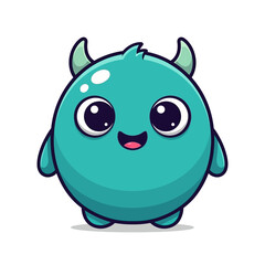 Fototapeta premium Cute Cartoon Monster with Teal Body, Horns, and Big Eyes, Smiling Happily.