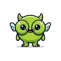 Fototapeta premium Cute Green Cartoon Monster with Big Eyes, Small Wings, and Horns.