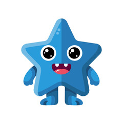 Vibrant blue star character with big, shiny eyes, a wide happy smile, and tiny arms and legs.