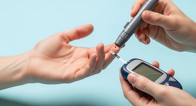 A person's finger is being pricked by a lancet device to draw blood for a glucose meter test, indicating diabetes monitoring.