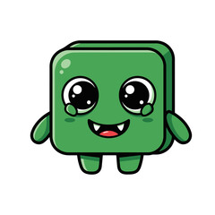 Obraz premium Adorable green square monster character with large, glossy, teary eyes and a happy, fanged smile.