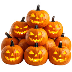 Spooky Pumpkin Patch: A cheerful collection of carved pumpkins, each with a unique and grinning jack-o'-lantern face, stacked together in a festive display. evoking feelings of Halloween