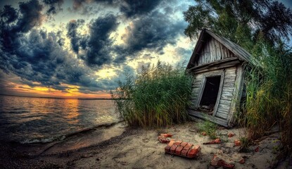 Rustic, weathered cabin on a sandy shore at sunset