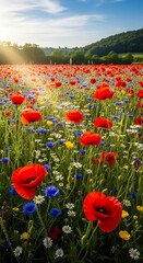 Obraz premium A vibrant meadow bursts with color as numerous wildflowers, including bright red poppies, and various shades of blue, yellow, and white, bloom under a brilliant sky, bathed in the warm glow of the...
