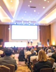 Blurred image showcases an event audience sitting, facing a bright screen and two figures on stage under bright lights