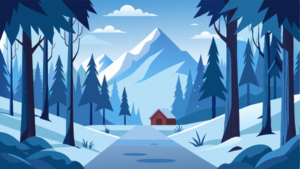 A snowy haven surrounded by towering trees the tranquility of the winter woods enveloping everything in its path.