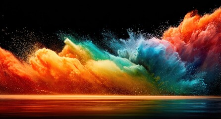 Ethereal colorful cloudscape with vibrant splashes rising above a reflective surface, against a deep, black background