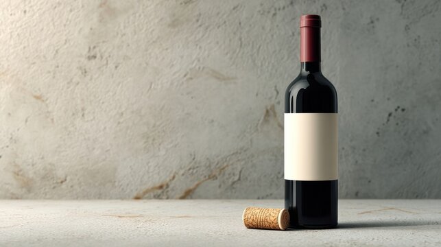 Elegant bottle of red wine with empty label and cork on marble surface with copy space for text or design
