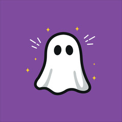 Cute cartoon ghost on purple background with stars, perfect for halloweenthemed designs and greeting cards for all ages.