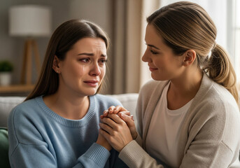 One woman offers a gentle, reassuring smile while holding the hands of her crying friend. A powerful representation of a close bond and support during difficult times.