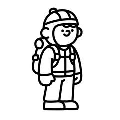 Fototapeta premium Flat black & white outline of a cartoon mountaineer with backpack