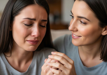 One woman offers a gentle, reassuring smile while holding the hands of her crying friend. A powerful representation of a close bond and support during difficult times.