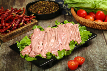 Raw Tender Meat Slices with Vegetables and Spicy Chili Peppers for Hot Pot Shabu Shabu Cooking