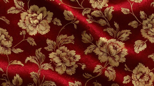 Red fabric with gold floral pattern