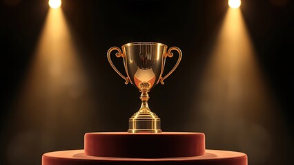 Golden trophy on velvet podium, highlighted by dramatic studio lighting.