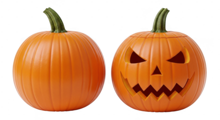Two pumpkins, one whole and one carved into a jackolantern with a spooky face for halloween isolated on transparent background