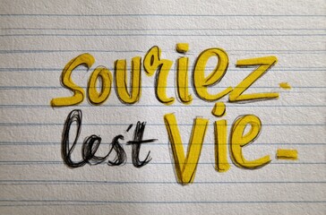Cheerful handwritten French phrase "Souriez, c'est la vie" ("Smile, it's life") on lined paper; yellow/black ink art style
