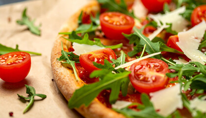 Artisanal Pizza Delight: Close-up shot of a vibrant, handmade pizza, adorned with fresh cherry tomatoes, arugula, and parmesan cheese, resting invitingly on rustic parchment.