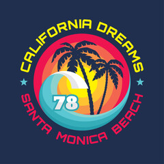 Retro California Dreams Santa Monica Beach Design with Palm Trees.