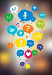 Colorful speech bubbles with icons for communication and discussion concepts
