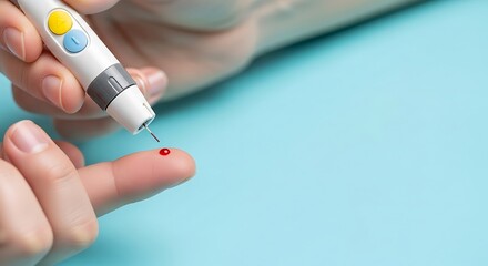 A person uses a lancet device to prick their finger, collecting a drop of blood for a glucose test.