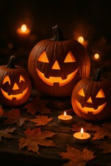 Spooky carved pumpkins and flickering candles cast a warm glow on Halloween night