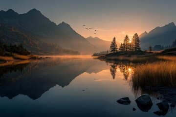 Autumn sunrise over foggy lake and mountains