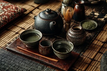 Earth tones tea ceremony set on bamboo mat