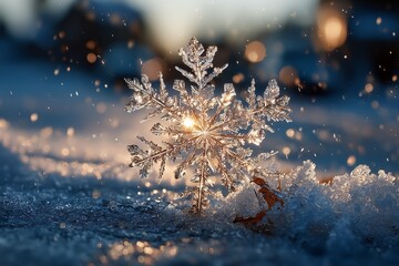 Close-Up of a sparkling snowflake in winter snow