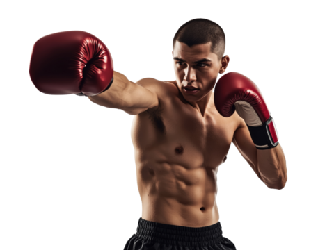 Focused boxer throwing a powerful punch against an isolated transparent space, demonstrating