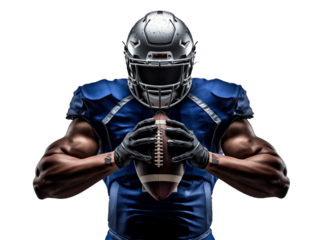 Intense football athlete showcasing physical prowess with ball on an isolated setting