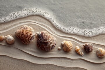 Curved line of seashells on sand background