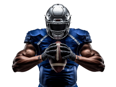 Intense football athlete showcasing physical prowess with ball on an isolated setting