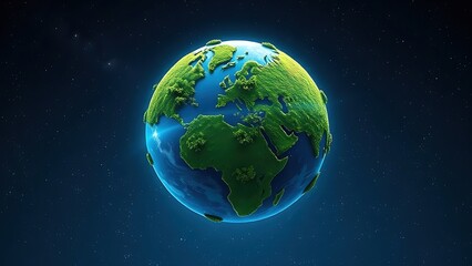 Abstract globe illustration with lush vegetation, floating in a starry cosmic background.