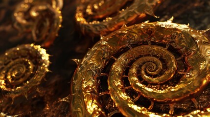 Golden Spiral Fossils Close Up in Warm Lighting Artistic Natural Texture