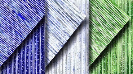 Abstract textile patterns in blue, white, and green, with overlapping, diagonal stripes