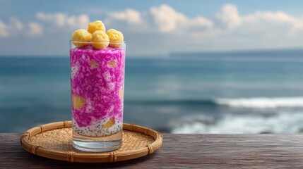 Refreshing Colorful Dessert Beverage with Toppings and Scenic Ocean Background in Bright Daylight Setting