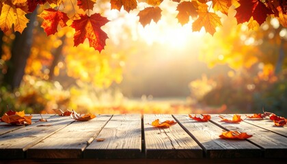 Wooden surface with scattered leaves, framed by vibrant autumn foliage, backlit with a bright, sunny forest view beyond