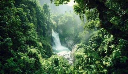Lush rainforest waterfall framed by dense foliage
