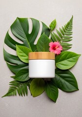 Elegant cosmetic container amidst tropical foliage arrangement backdrop