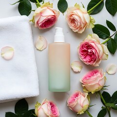 Elegant cosmetic bottle with pump surrounded by pink roses and soft towel