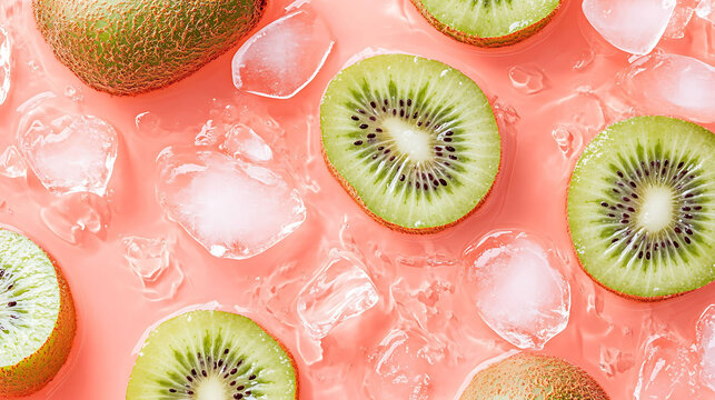 A simple flat lay with half-cut kiwis and scattered ice chips, water glistening across all surfaces, soft coral pink background to enhance freshness,