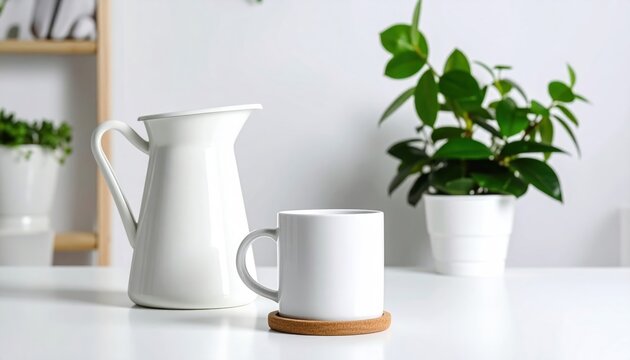 White Pitcher and Mug on a White Table with Plants - Powered by Adobe