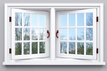White double-hung window with divided panes, showing a view of trees and sky