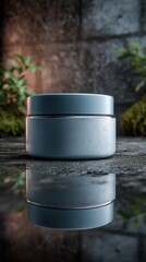 Elegant Gray Cosmetic Container on Reflective Surface Surrounded by Greenery and Textured Background